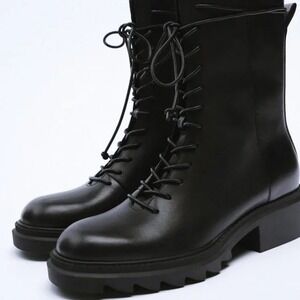 Zara Black Leather‎ Lace Up Boots Combat Lug Sole Zip Size 39 US 8 NWT